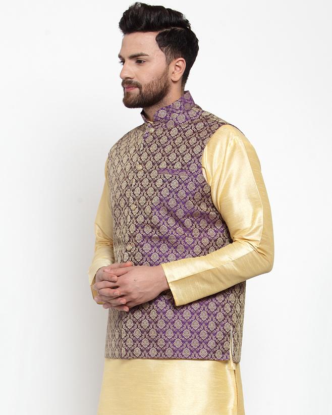 Jompers Men Purple-Coloured & Golden Woven Design Nehru Jacket