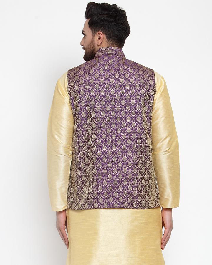 Jompers Men Purple-Coloured & Golden Woven Design Nehru Jacket
