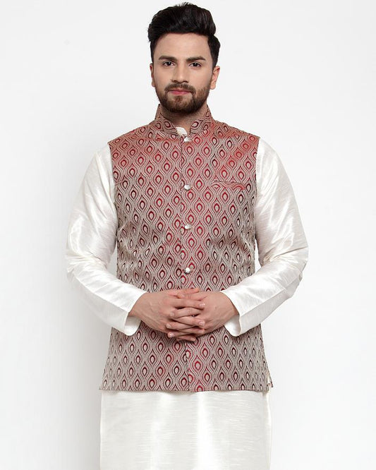 Jompers Men Maroon Woven Design Nehru Jacket