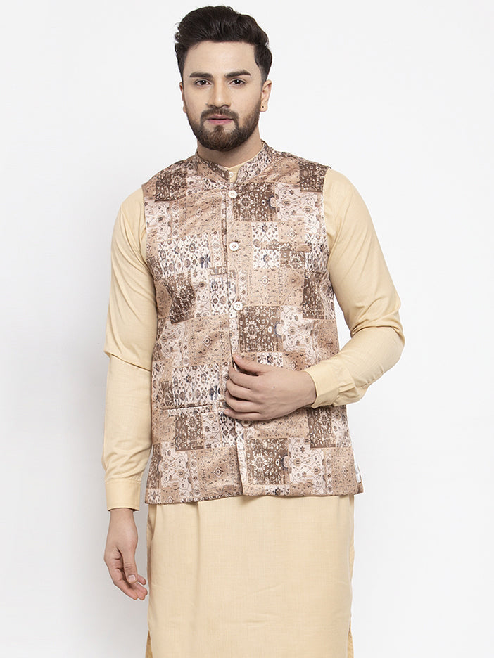 Jompers Men's Beige Printed Nehru Jacket