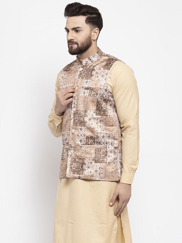 Jompers Men's Beige Printed Satin Nehru Jacket (JOWC-4007) Beige