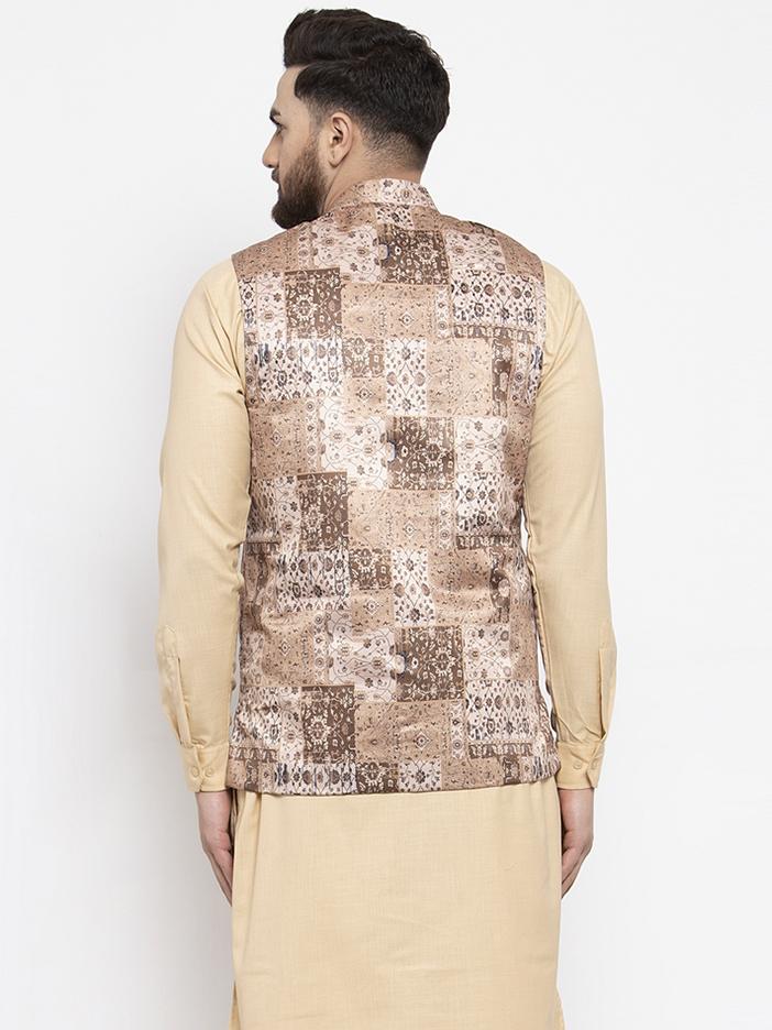 Jompers Men's Beige Printed Satin Nehru Jacket (JOWC-4007) Beige