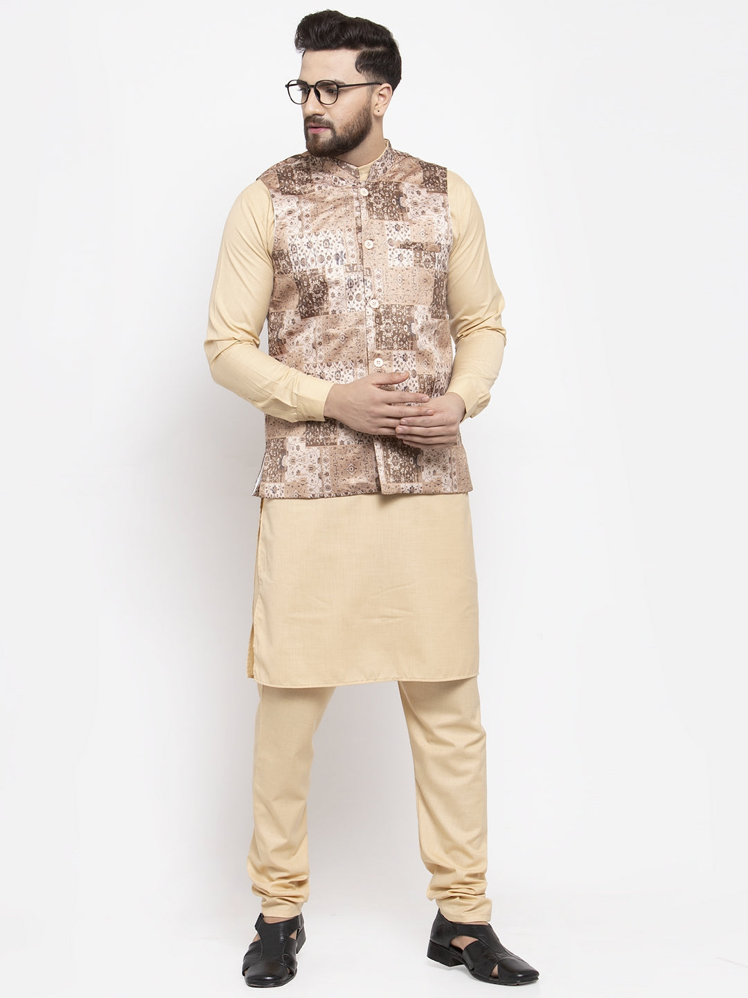 Jompers Men's Beige Printed Nehru Jacket