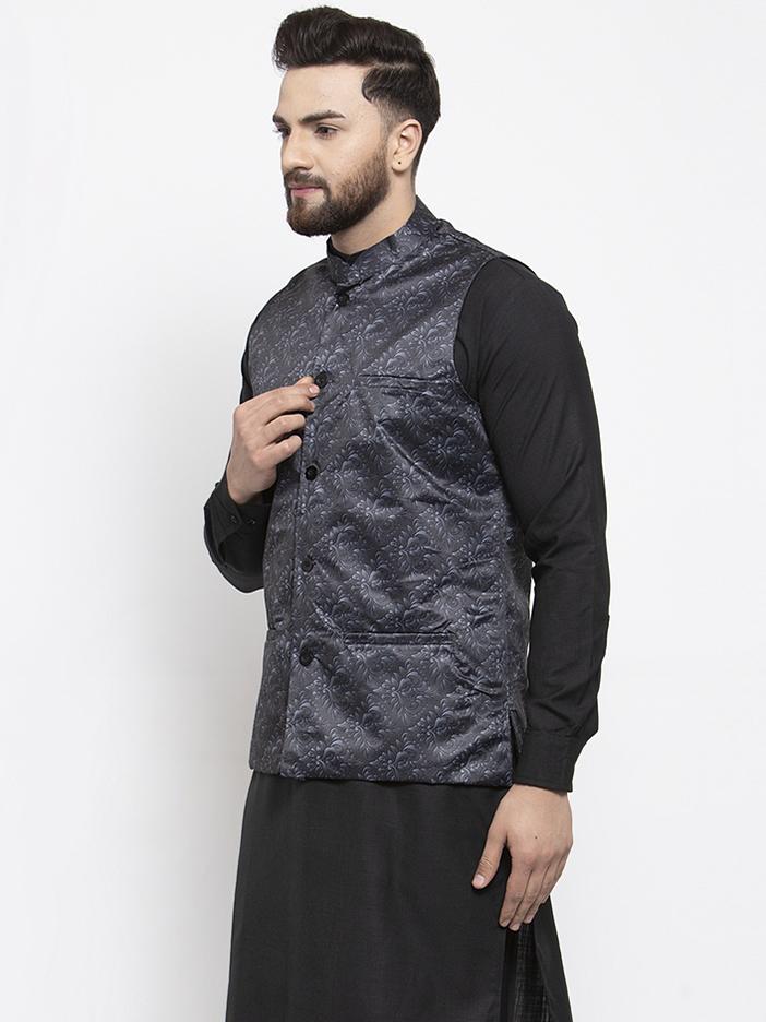 Jompers Men Charcoal Grey Printed Satin Nehru Jacket