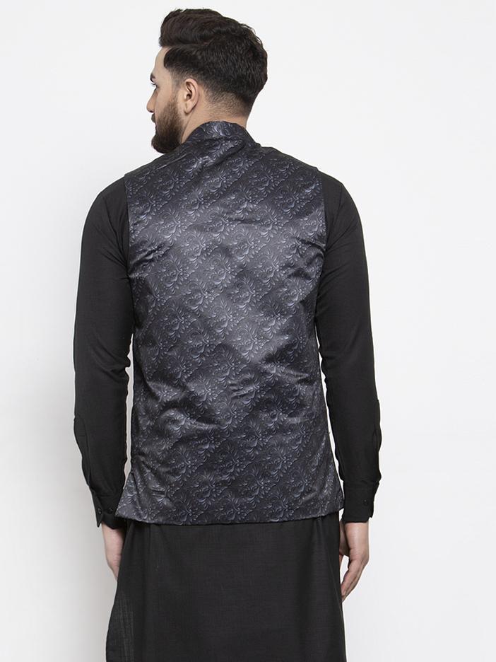 Jompers Men Charcoal Grey Printed Satin Nehru Jacket