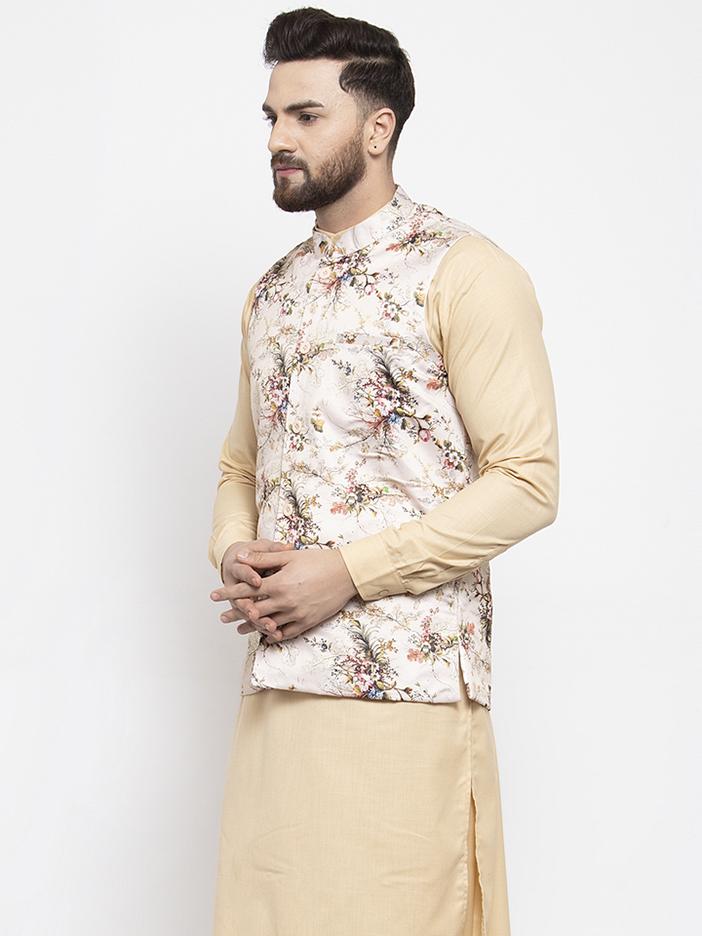 Jompers Men Cream Printed Satin Nehru Jacket