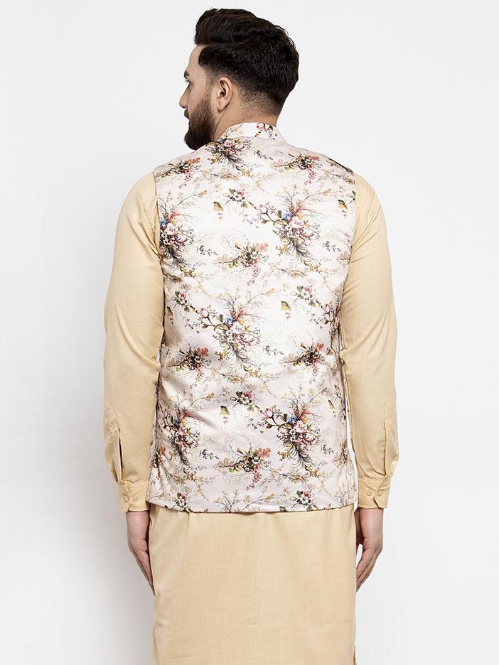 Jompers Men Cream Printed Satin Nehru Jacket