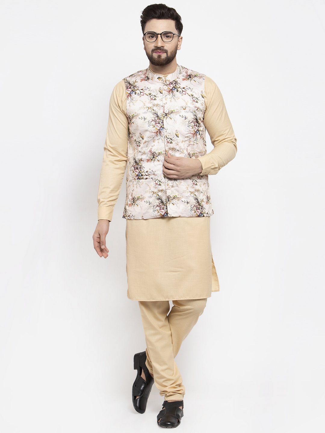 Jompers Men Cream Printed Satin Nehru Jacket