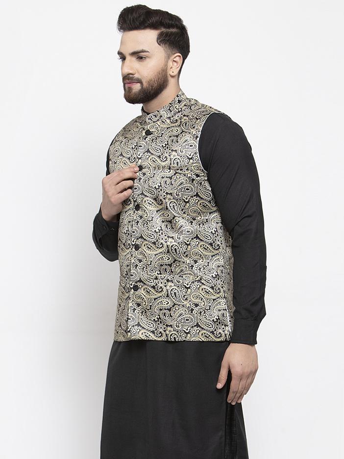 Jompers Men Golden Printed Satin Nehru Jacket