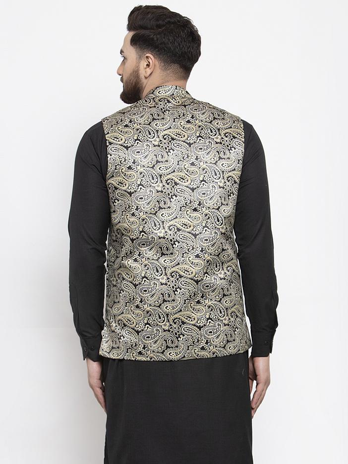 Jompers Men Golden Printed Satin Nehru Jacket