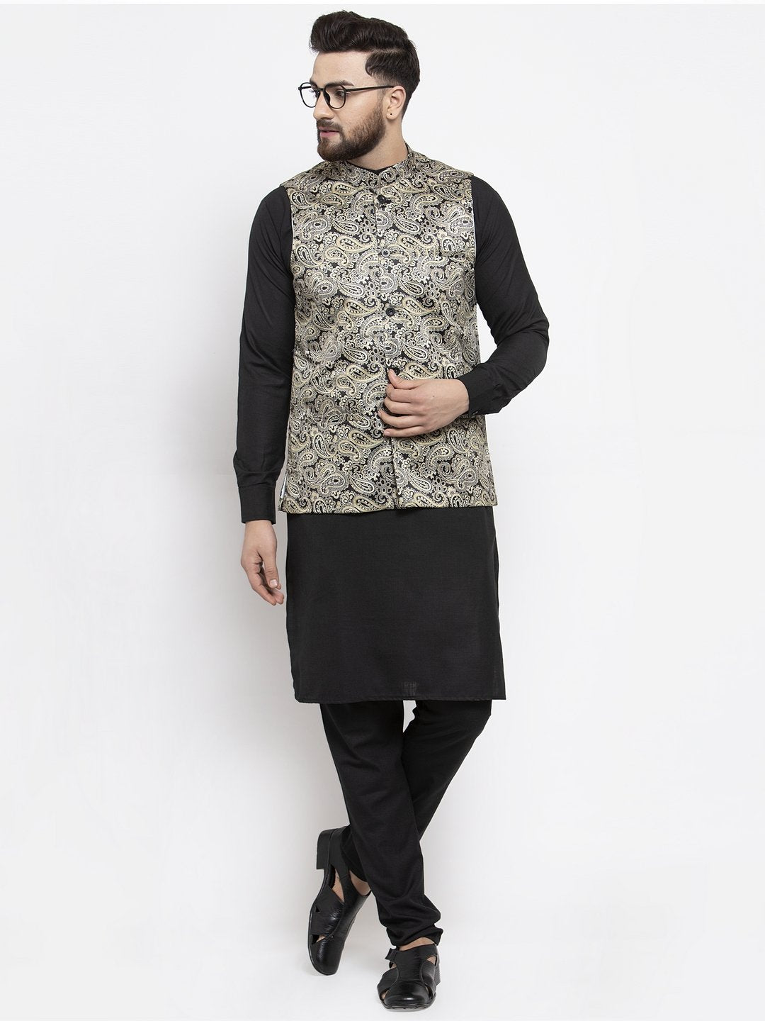 Jompers Men Golden Printed Satin Nehru Jacket