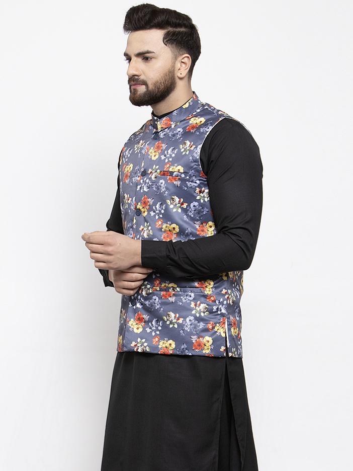 Jompers Men Grey Printed Satin Nehru Jacket