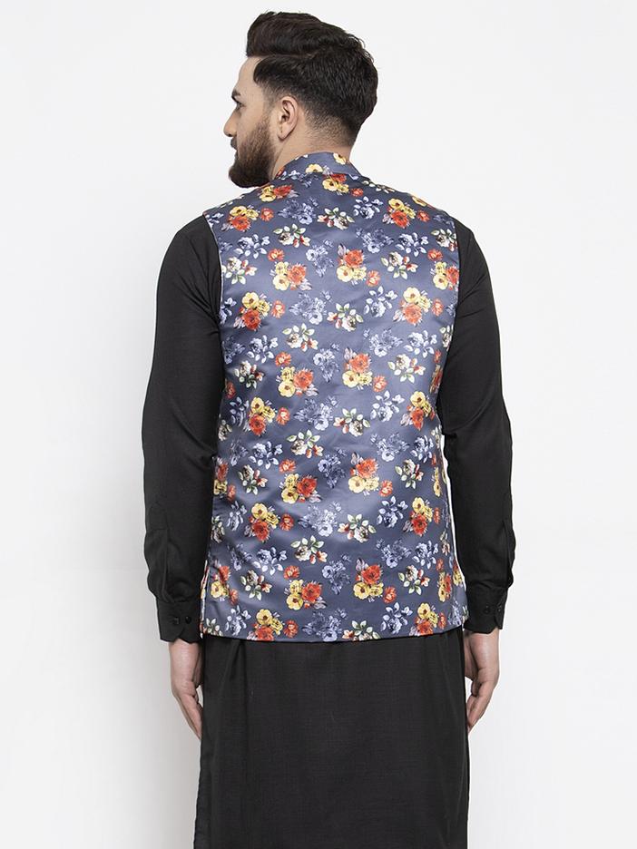 Jompers Men Grey Printed Satin Nehru Jacket