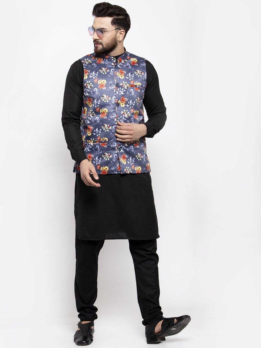 Jompers Men Grey Printed Satin Nehru Jacket