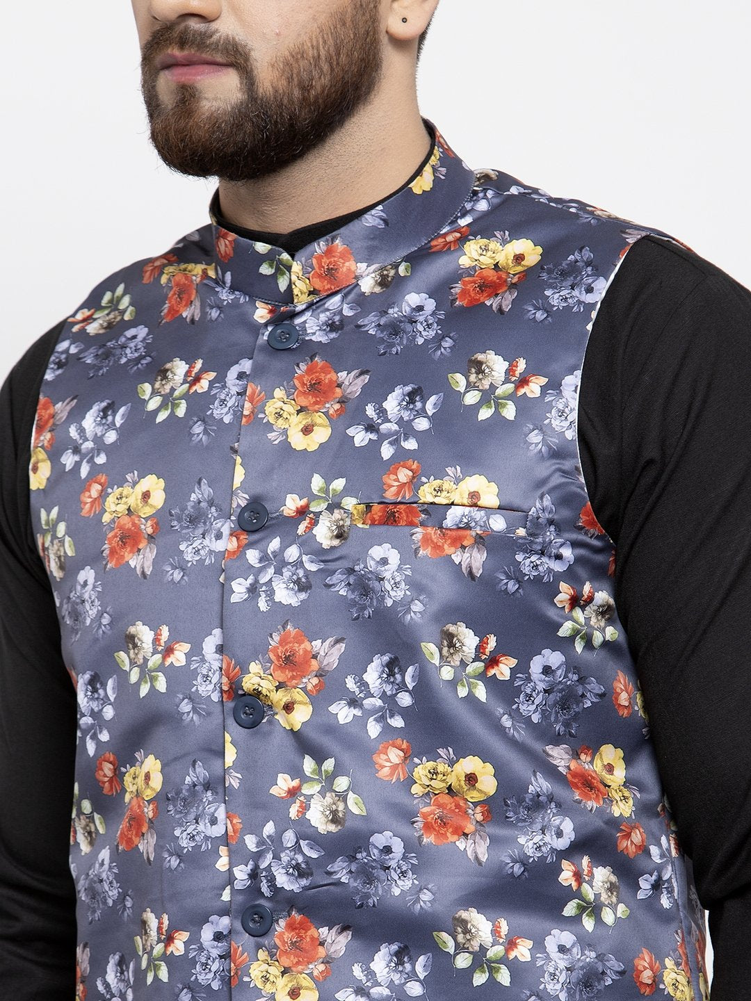 Jompers Men Grey Printed Satin Nehru Jacket