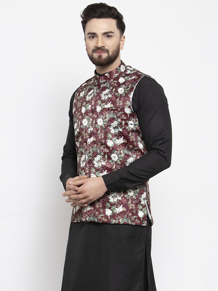 Jompers Men Maroon Printed Satin Nehru Jacket