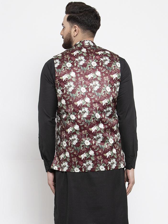 Jompers Men Maroon Printed Satin Nehru Jacket
