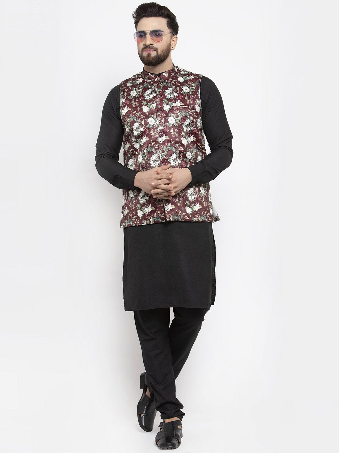 Jompers Men Maroon Printed Satin Nehru Jacket