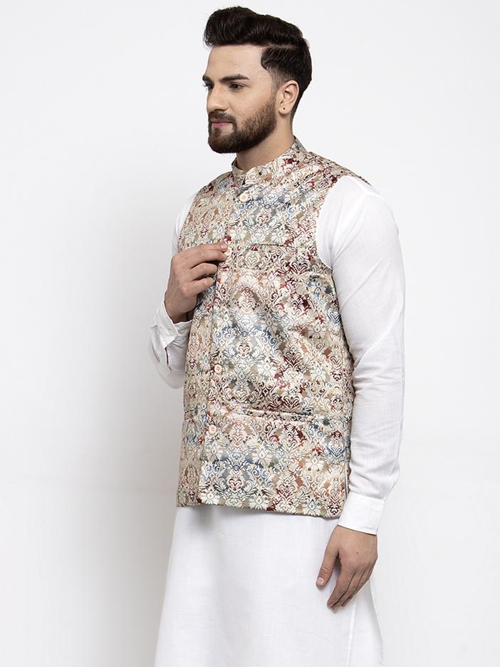 Jompers Men Multicolored Printed Satin Nehru Jacket