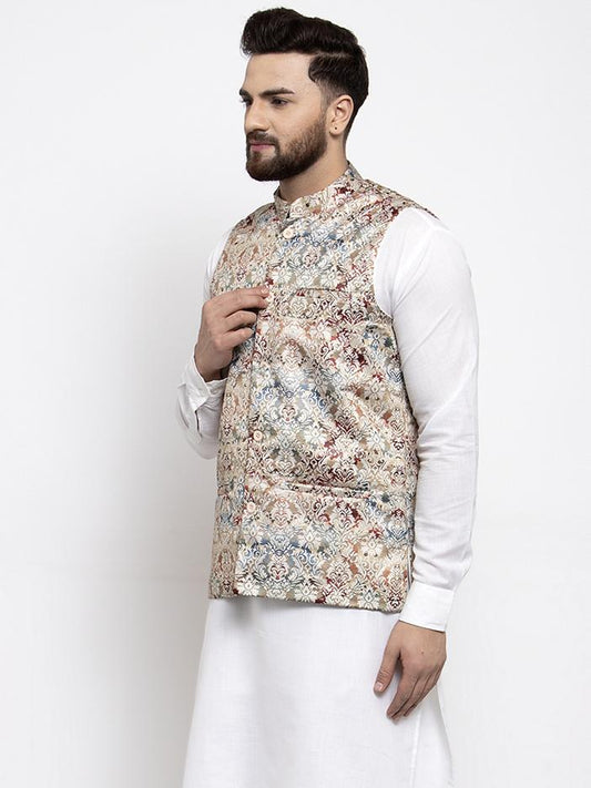 Jompers Men Multicolored Printed Satin Nehru Jacket