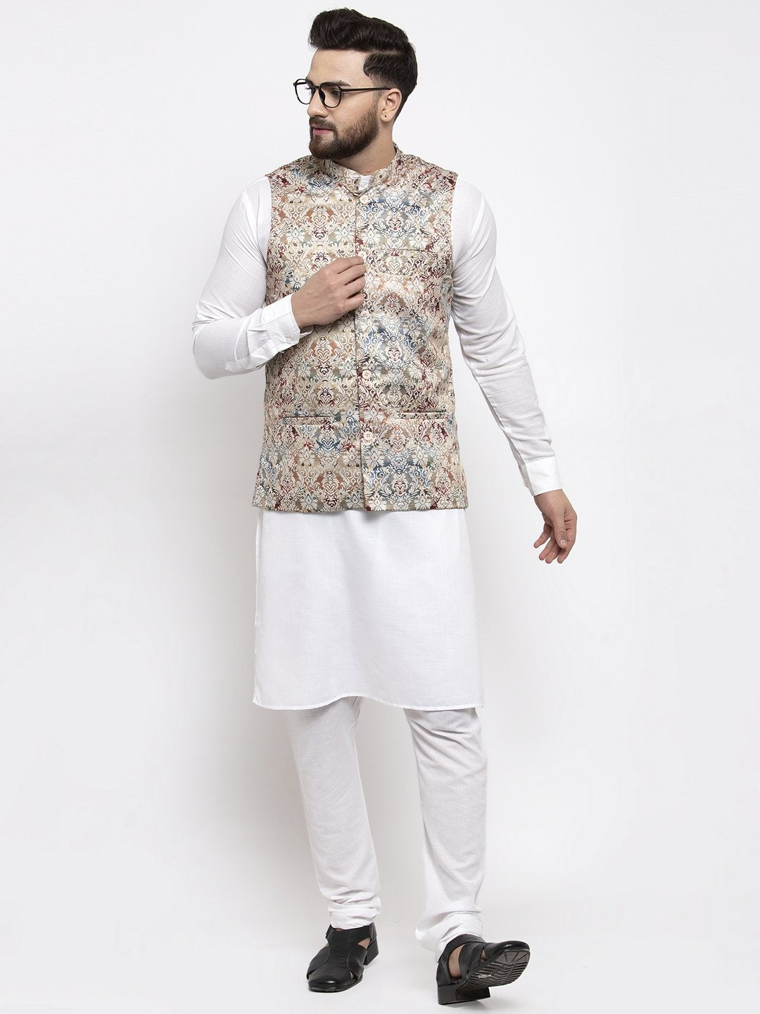 Jompers Men Multicolored Printed Satin Nehru Jacket