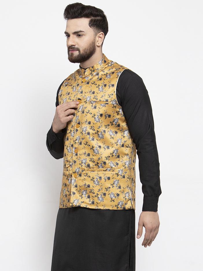 Jompers Men Mustard Printed Satin Nehru Jacket