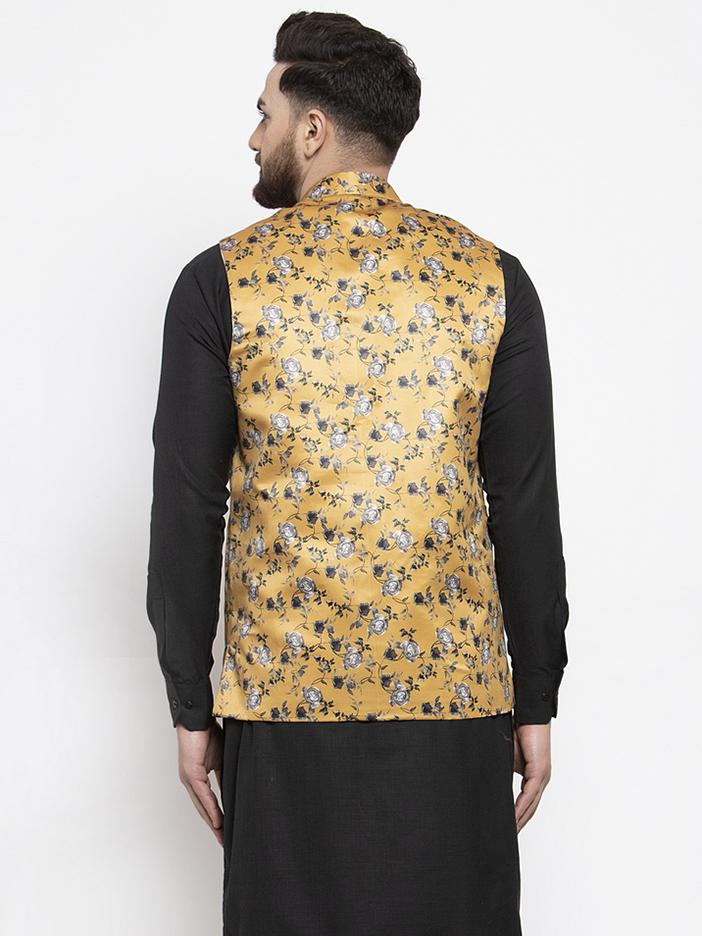 Jompers Men Mustard Printed Satin Nehru Jacket