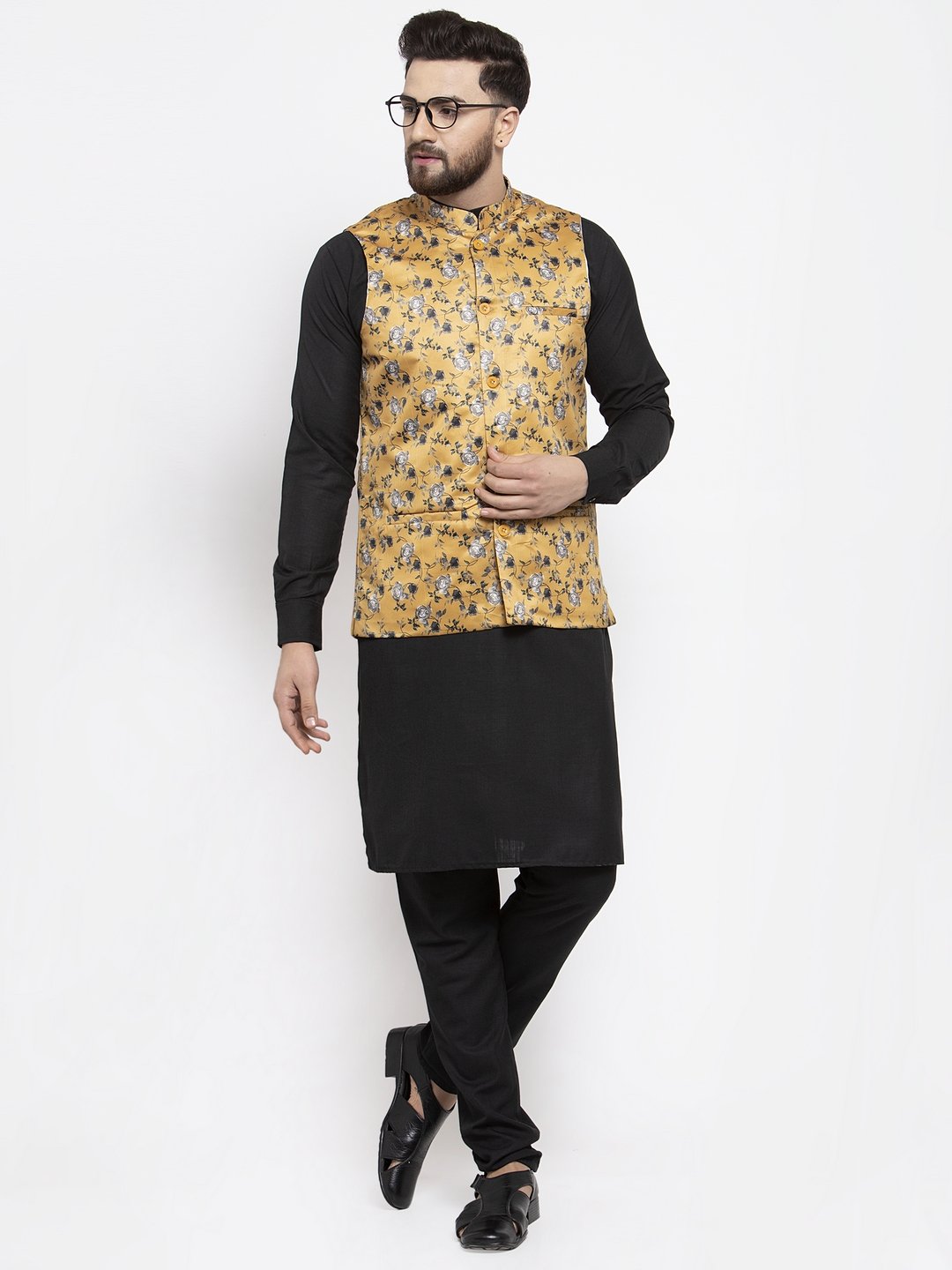 Jompers Men Mustard Printed Satin Nehru Jacket