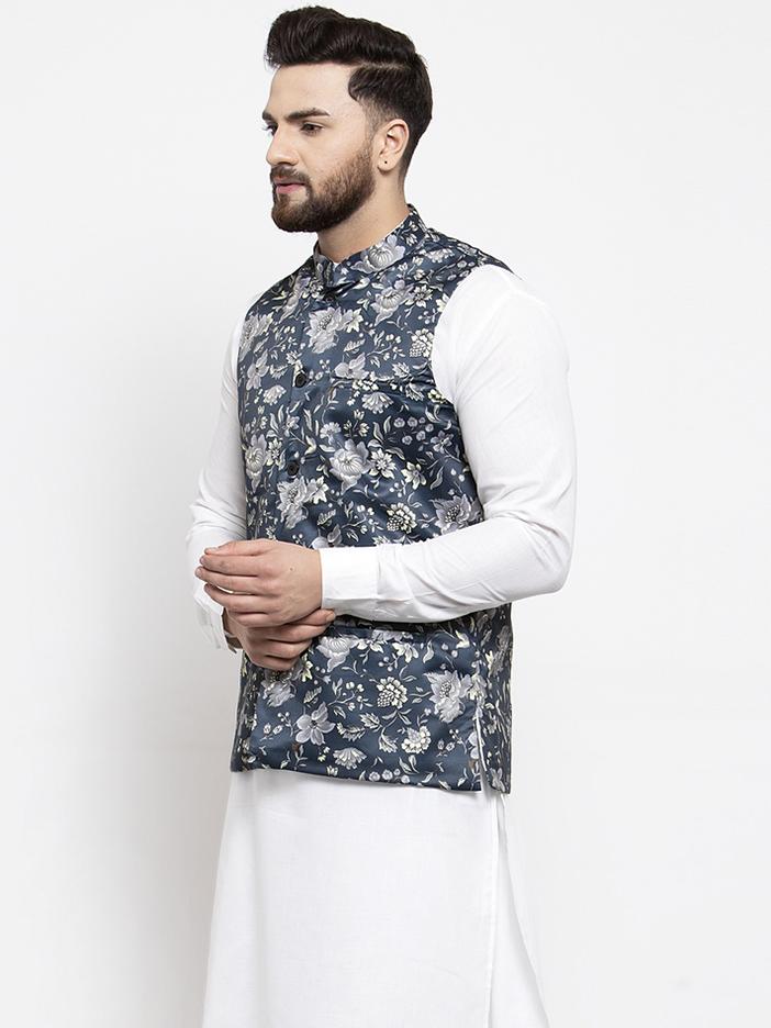 Jompers Men Navy-Blue Printed Satin Nehru Jacket