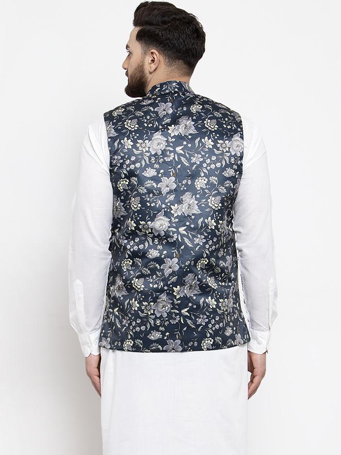 Jompers Men Navy-Blue Printed Satin Nehru Jacket