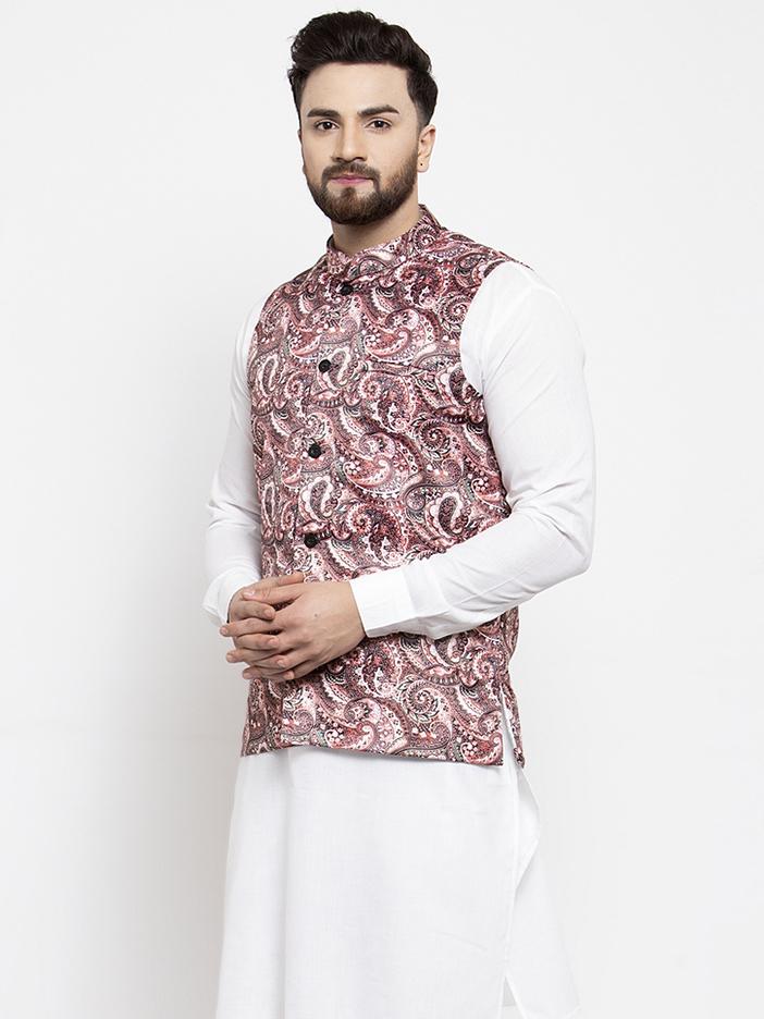 Jompers Men Pink Printed Satin Nehru Jacket