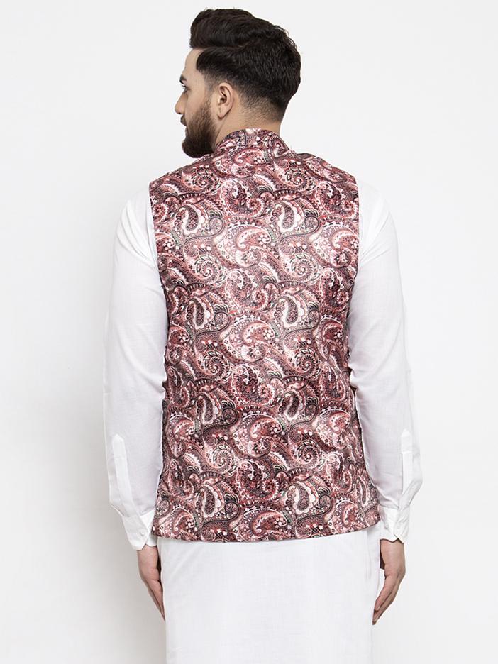 Jompers Men Pink Printed Satin Nehru Jacket