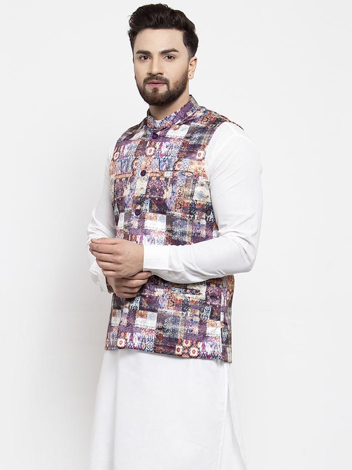 Jompers Men Purple Printed Satin Nehru Jacket ( JOWC 4007 Purple)