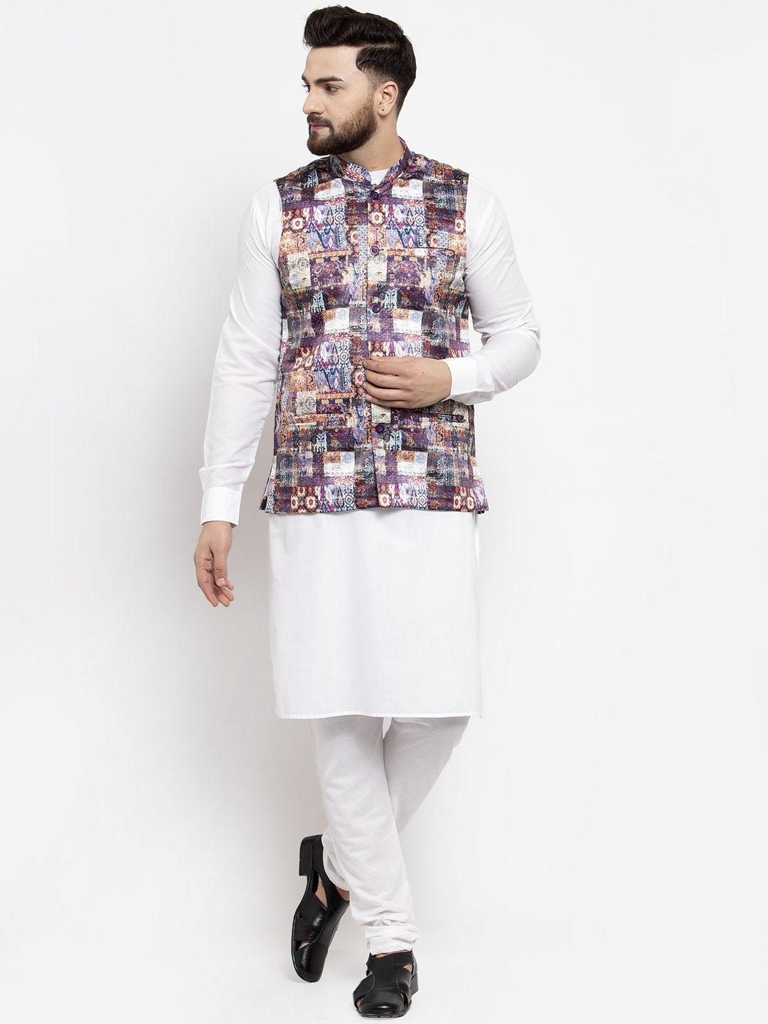 Jompers Men Purple Printed Satin Nehru Jacket ( JOWC 4007 Purple)