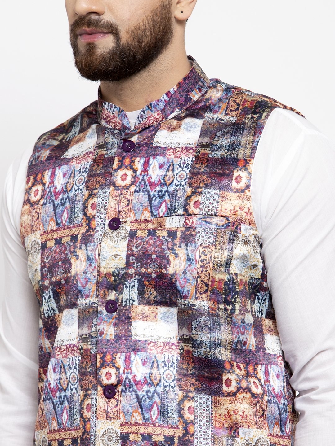 Jompers Men Purple Printed Satin Nehru Jacket ( JOWC 4007 Purple)