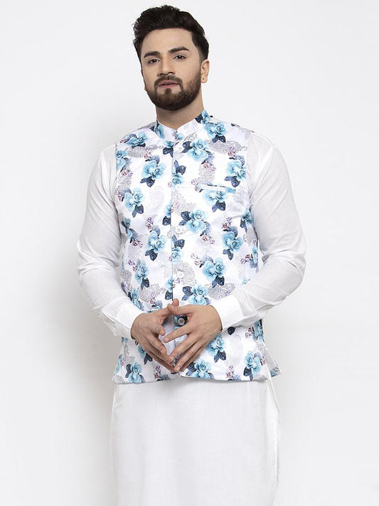 Jompers Men Silver Printed Satin Nehru Jacket