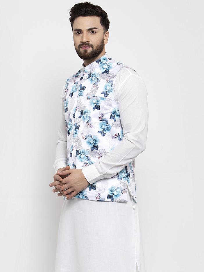 Jompers Men Silver Printed Satin Nehru Jacket