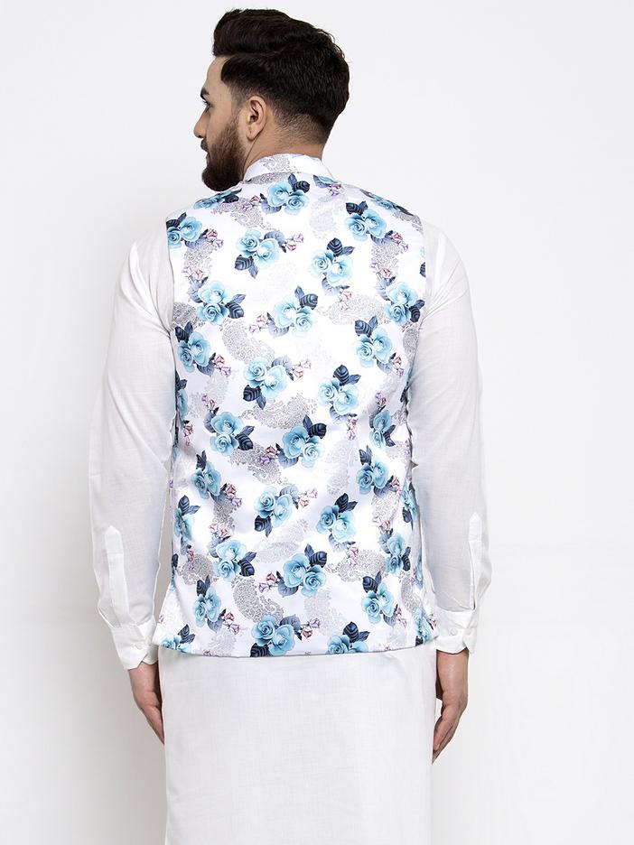Jompers Men Silver Printed Satin Nehru Jacket