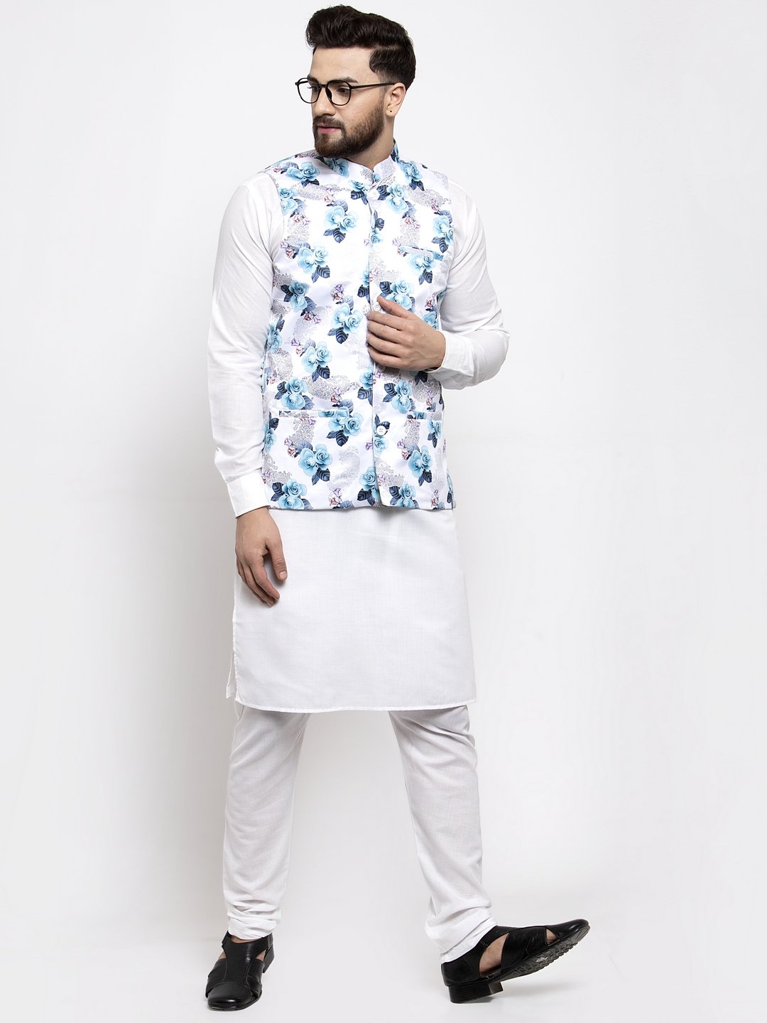 Jompers Men Silver Printed Satin Nehru Jacket
