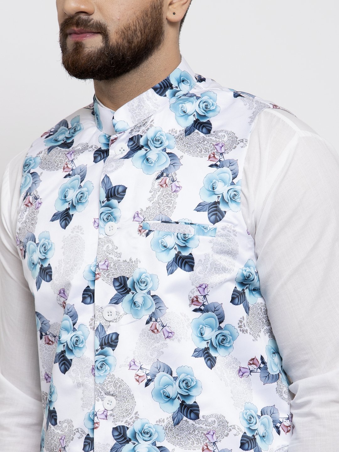 Jompers Men Silver Printed Satin Nehru Jacket