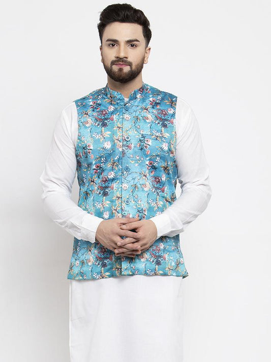 Jompers Men Sky-Blue Printed Satin Nehru Jacket