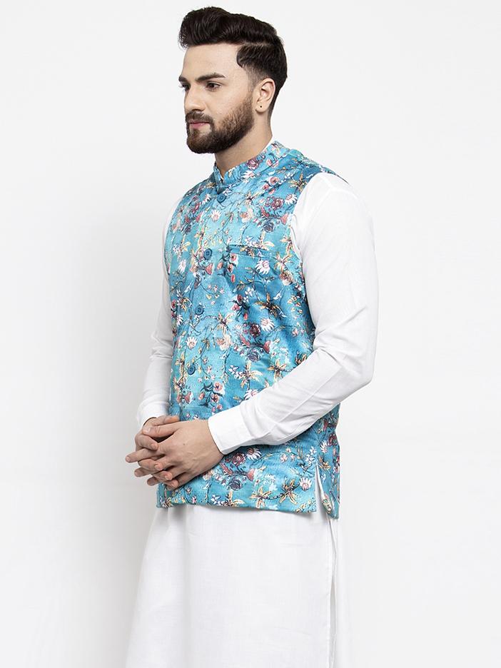Jompers Men Sky-Blue Printed Satin Nehru Jacket