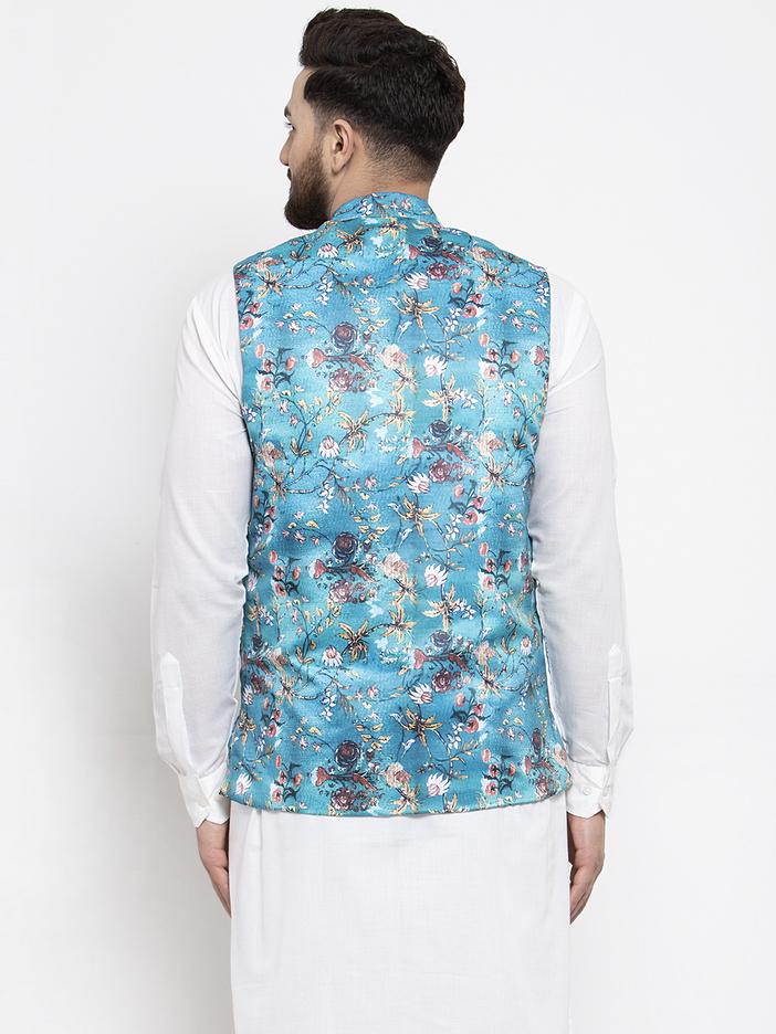 Jompers Men Sky-Blue Printed Satin Nehru Jacket