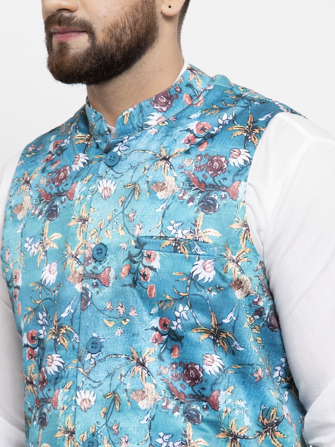 Jompers Men Sky-Blue Printed Satin Nehru Jacket