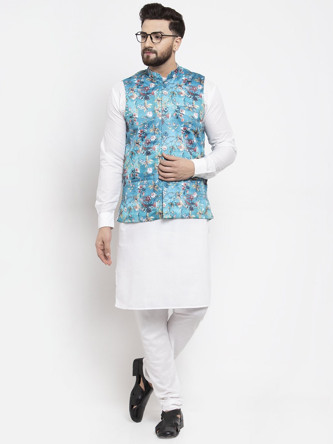 Jompers Men Sky-Blue Printed Satin Nehru Jacket