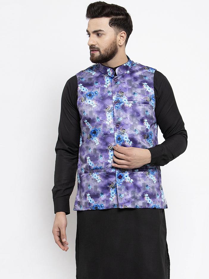 Jompers Men Violet Printed Satin Nehru Jacket