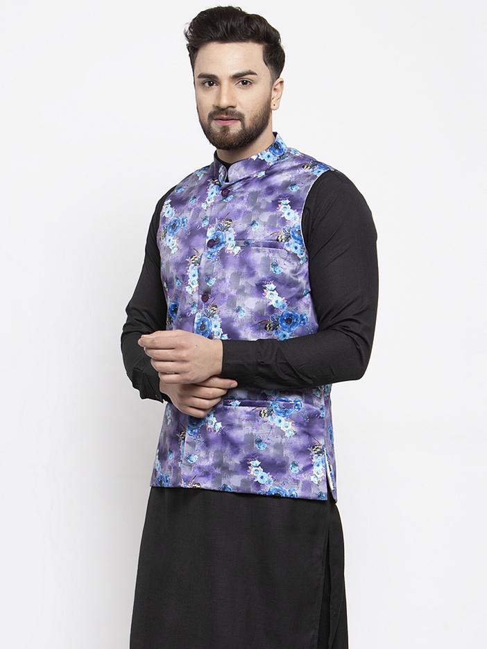 Jompers Men Violet Printed Satin Nehru Jacket