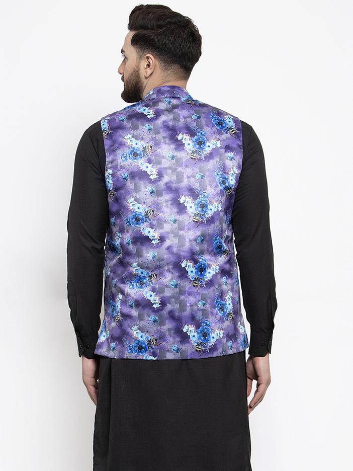 Jompers Men Violet Printed Satin Nehru Jacket