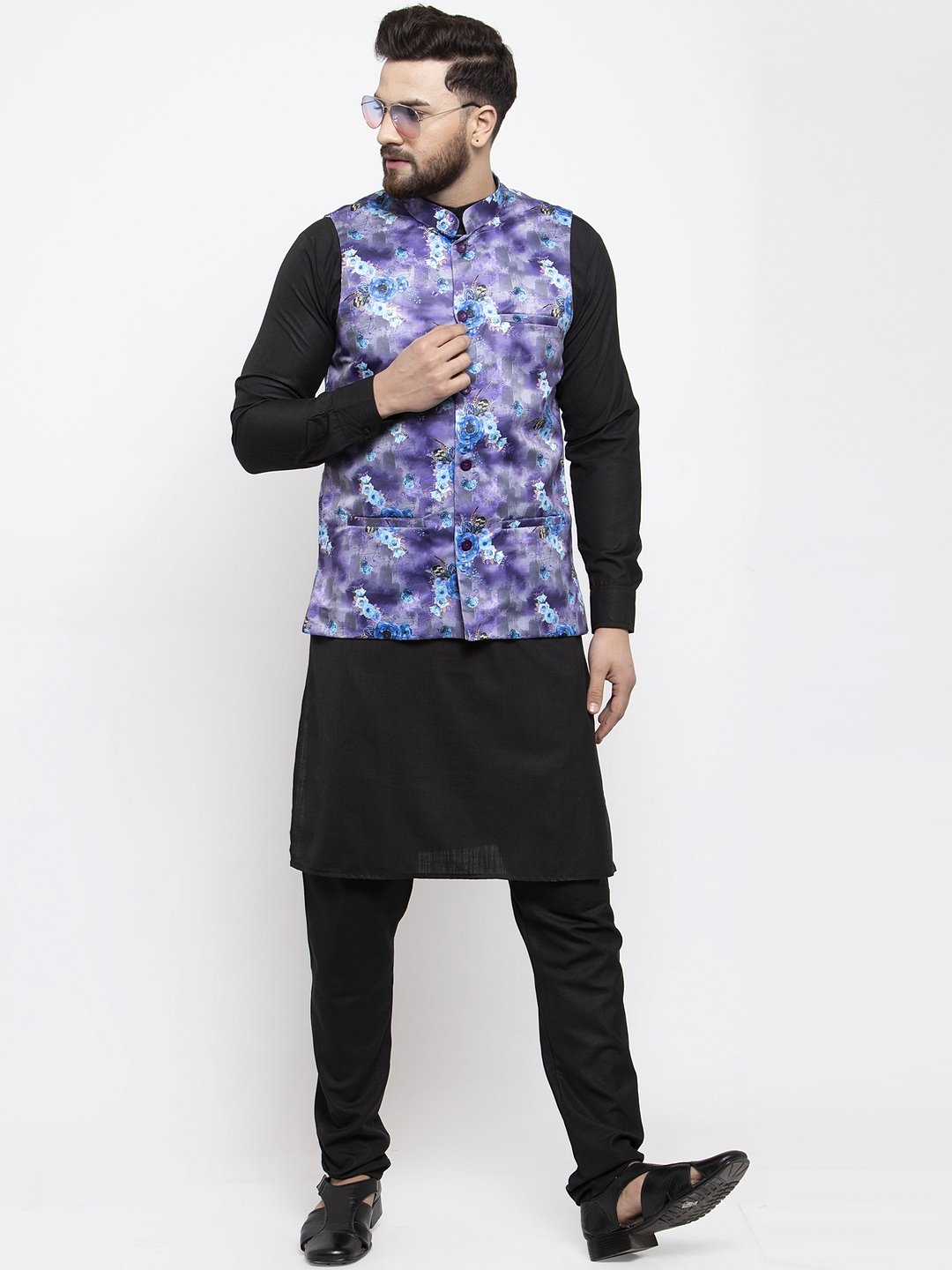 Jompers Men Violet Printed Satin Nehru Jacket