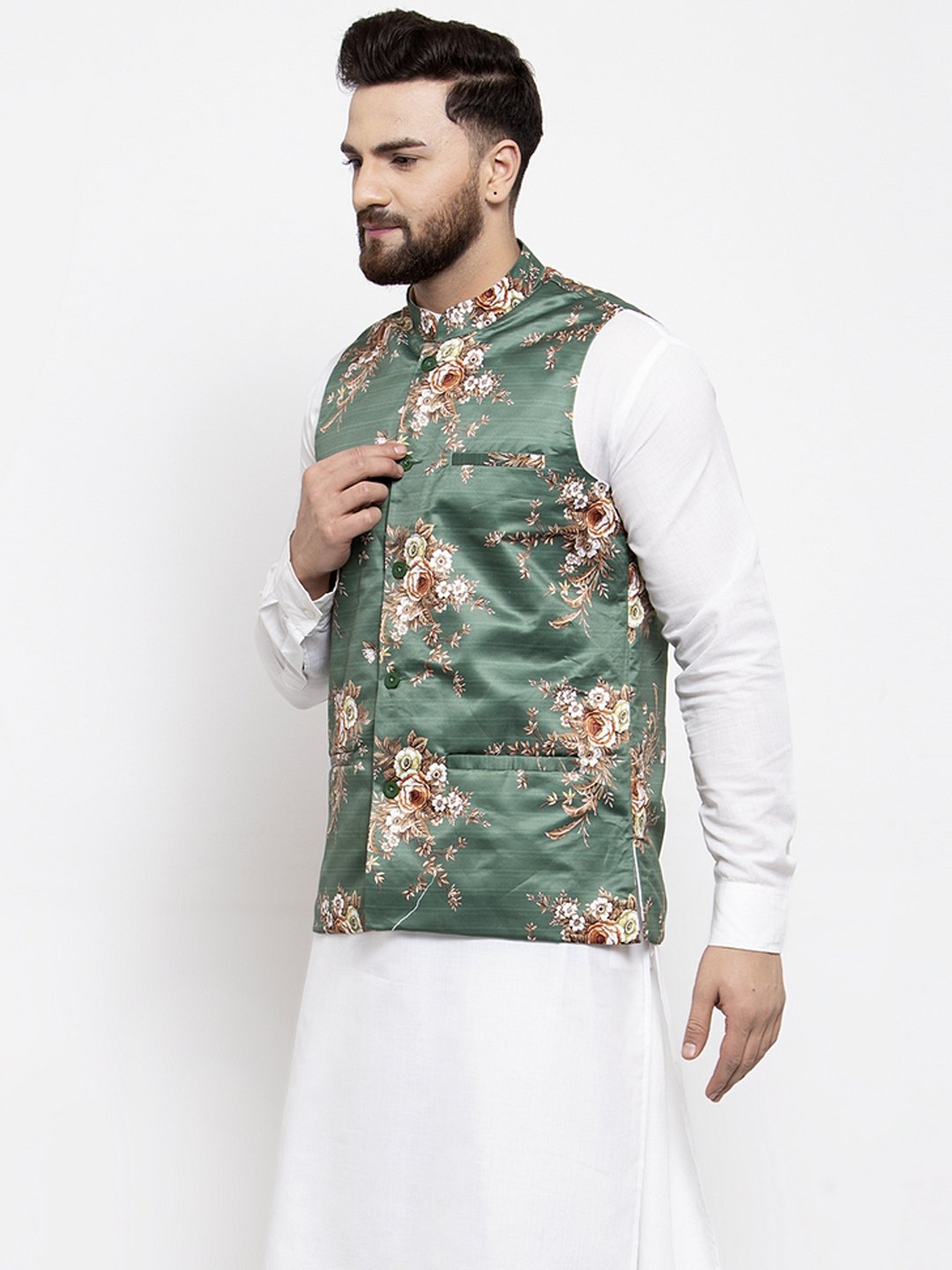 Jompers Men Green & Brown Printed Satin Nehru Jacket